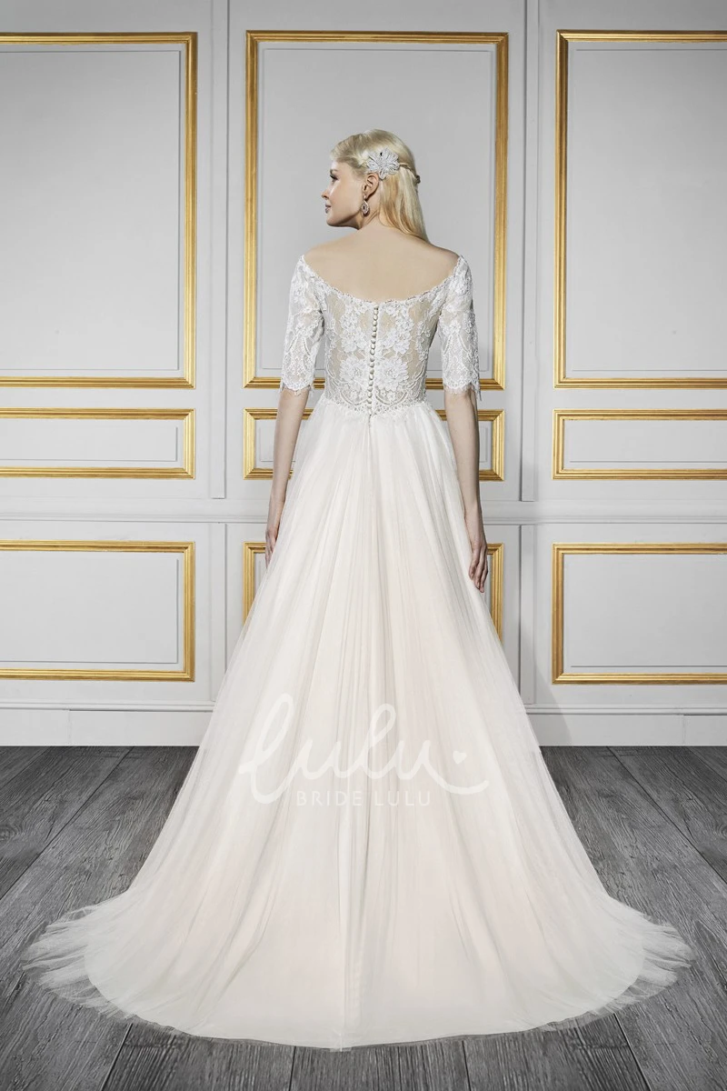 Off-The-Shoulder A-Line Tulle&Satin Wedding Dress with Half-Sleeves