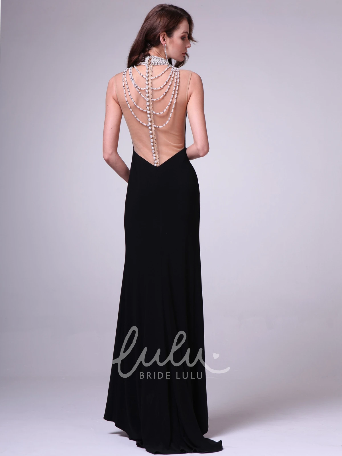 High Neck Sleeveless Jersey Formal Dress with Beading and Split Front