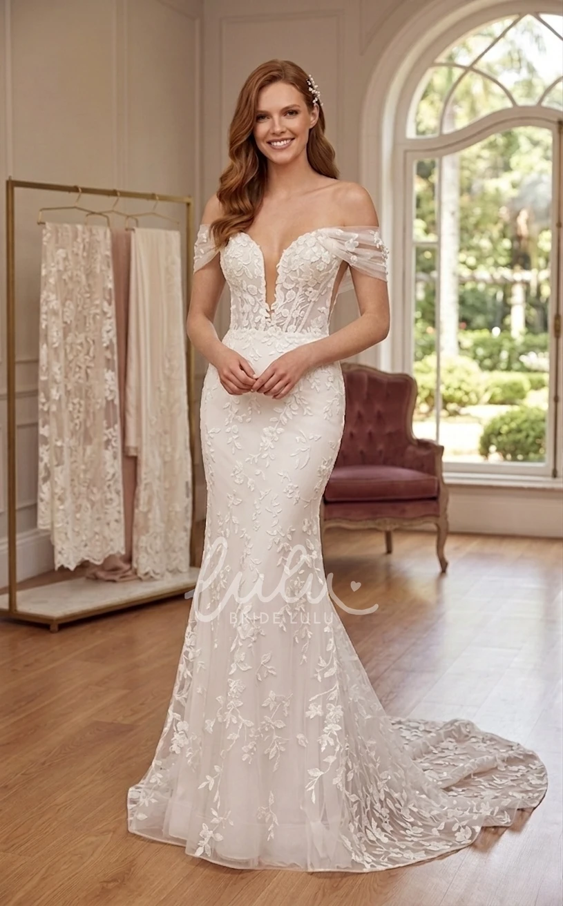 Romantic Sexy Tulle Lace Mermaid Off-the-shoulder Plunging Neckline Spring Wedding Dress Floor-length Sleeveless Appliques Bridal Gown with Open Zipper Back Court Train