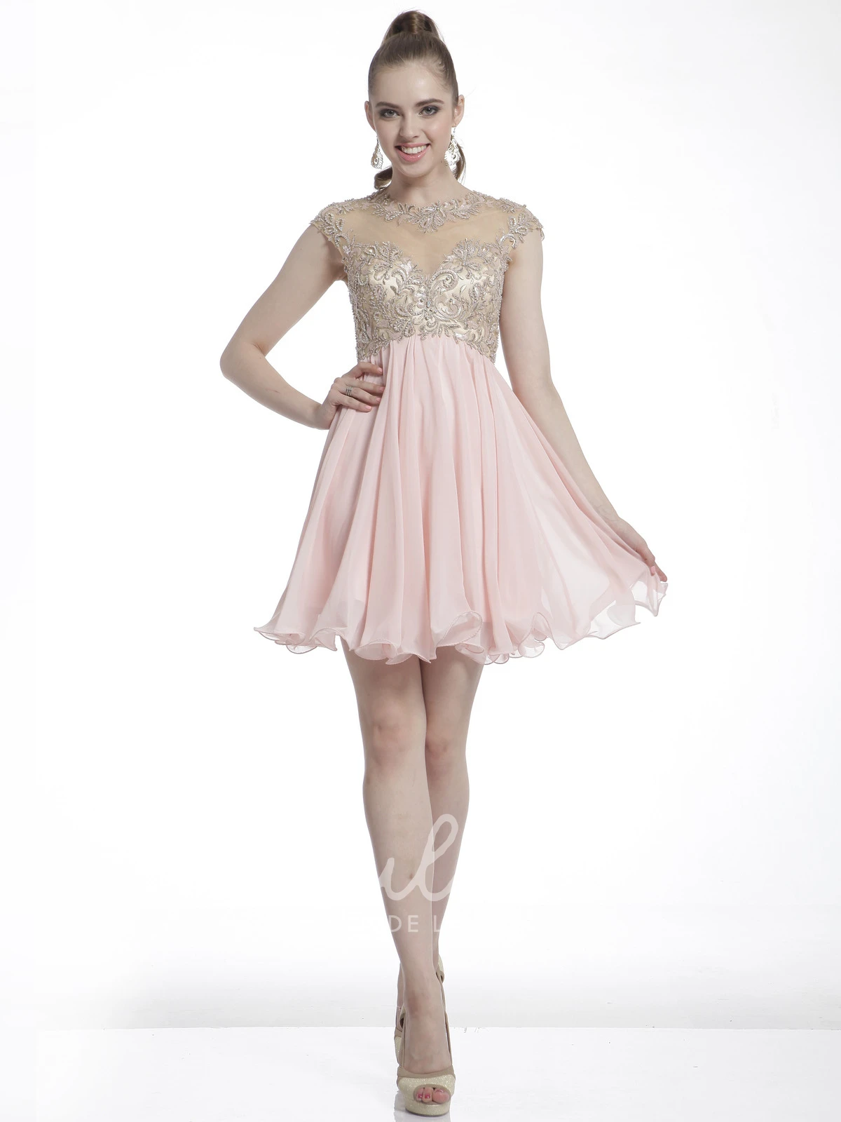 Short Cap-Sleeve A-Line Empire Dress with Beading and Pleats