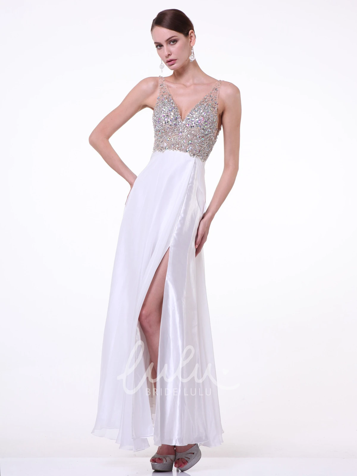 V-Neck Beaded Empire Sleeveless Bridesmaid Dress with Deep-V Back