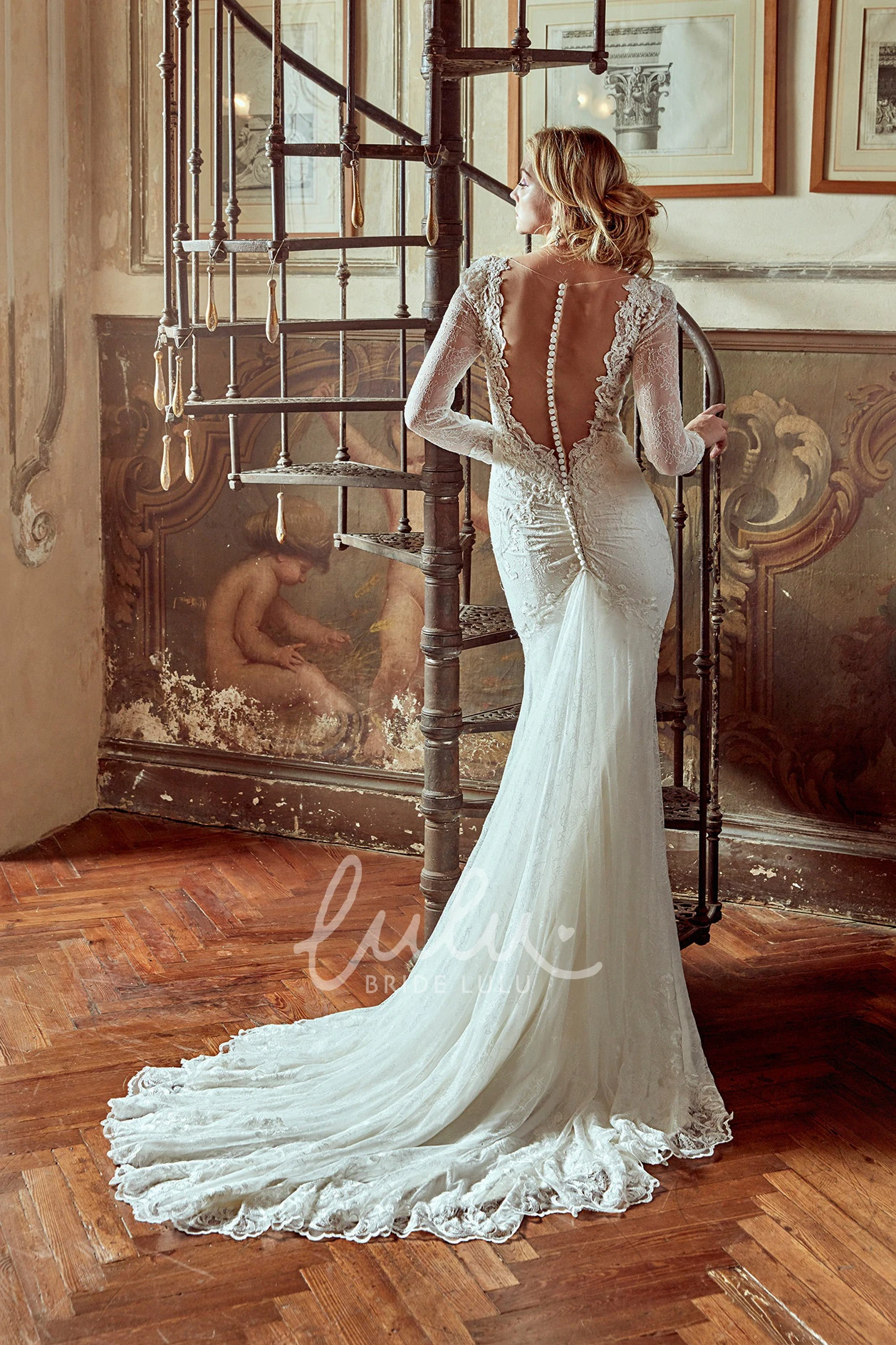 Lace Long-Sleeve Wedding Dress with Low-V Neck and Illusive Back Elegant Wedding Dress 2025
