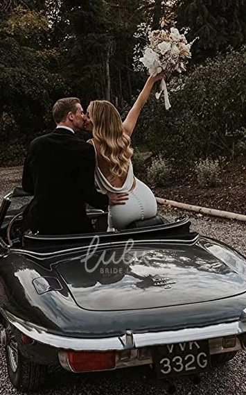 Elegant Satin Mermaid Wedding Dress with V-neck and Open Back