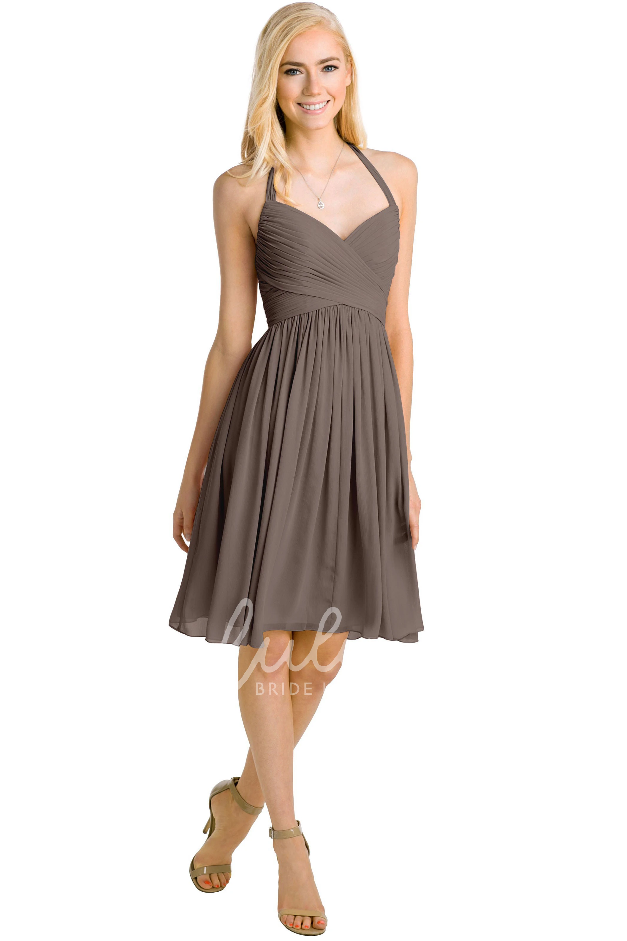 Halter Sleeveless Chiffon Bridesmaid Dress Knee-Length Criss-Cross Multi-Color