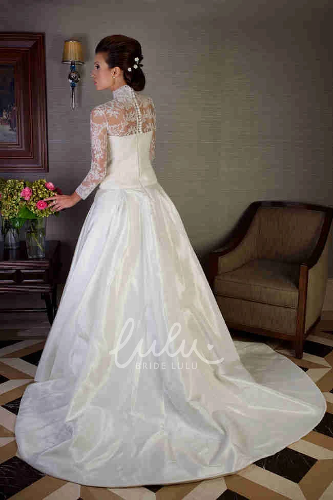 Lace Long-Sleeve Satin Wedding Dress with High Neck