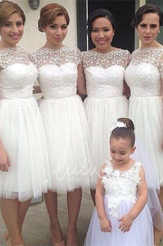 Short Sleeve Tulle Lace Bridesmaid Dress Romantic Formal Dress