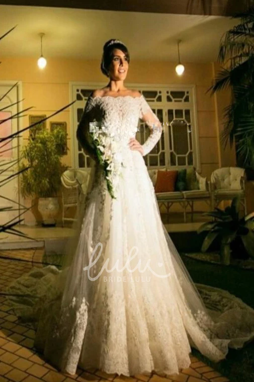 Off-the-shoulder Lace Tulle Wedding Dress Ball Gown Style