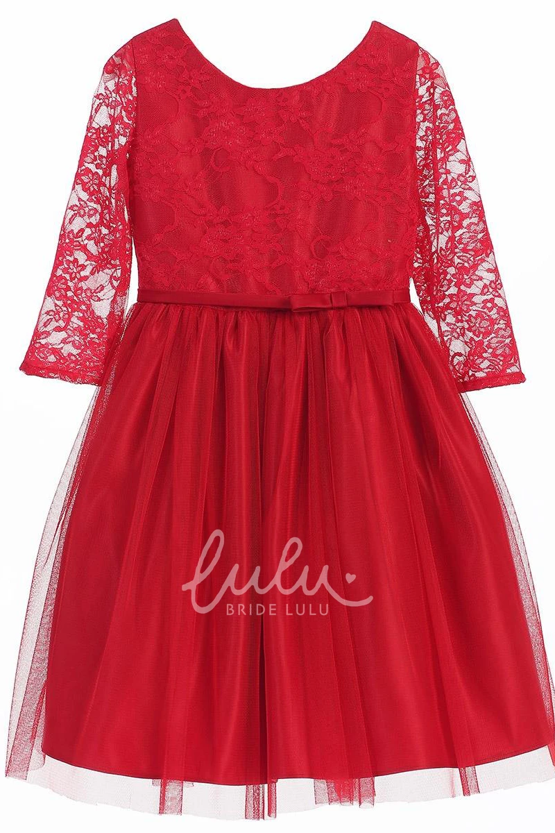 Bowed Lace & Satin Tea-Length Flower Girl Dress Modern Wedding Dress