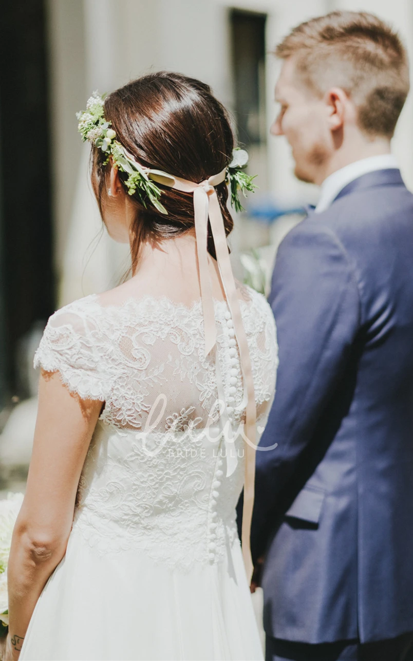 Charming Jewel Sweep Train A Line Chiffon Wedding Dress with Appliques Classy Bridal Gown