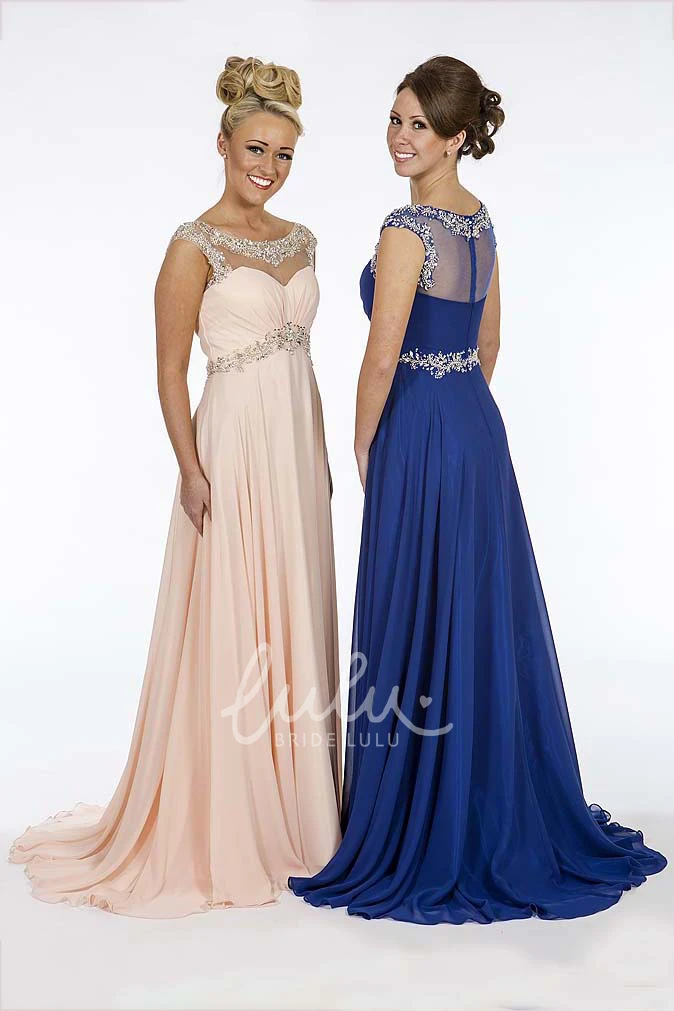 Empire Beaded Chiffon Prom Dress with Cap-Sleeves and Ruching A-Line