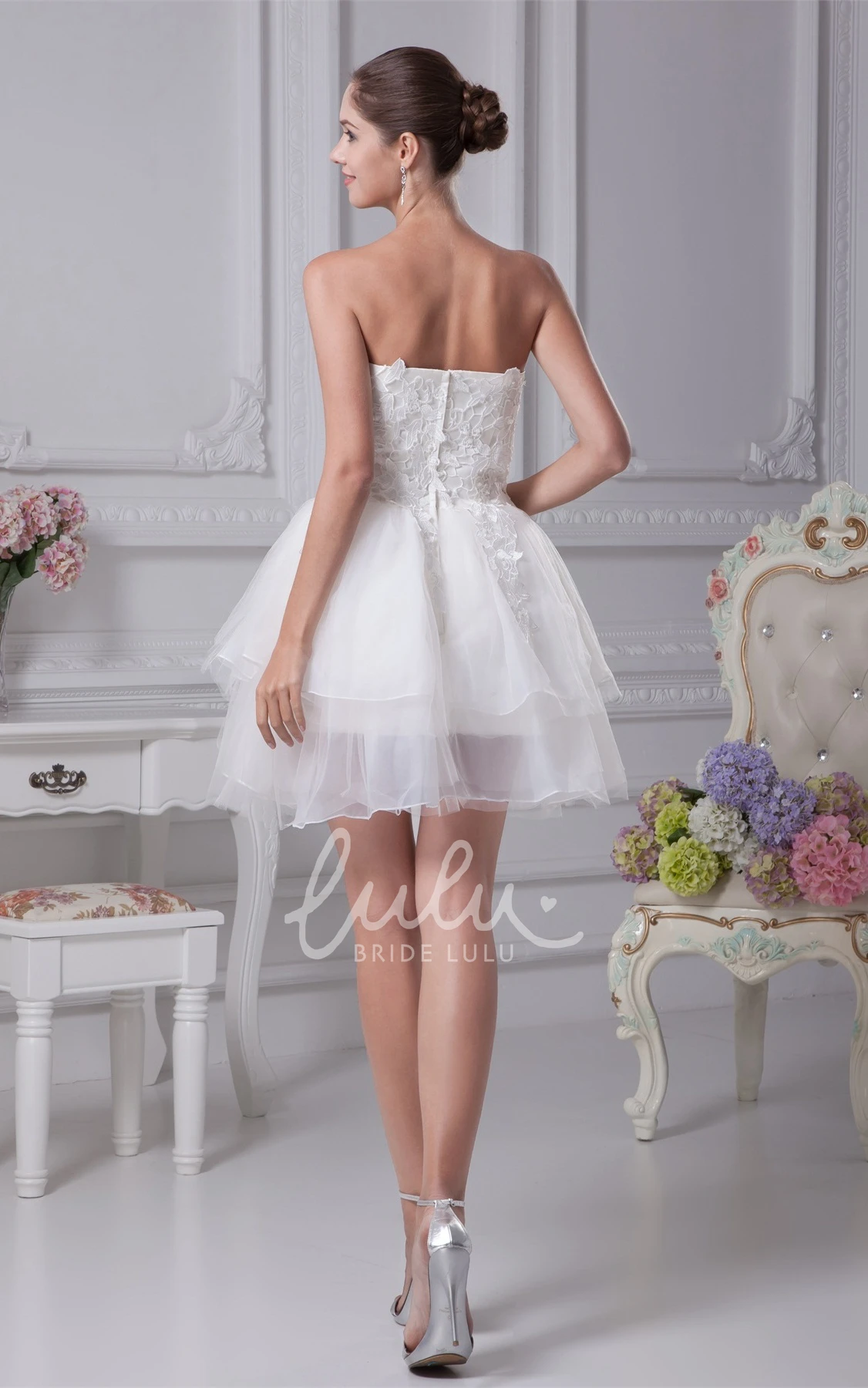 Strapless A-Line Dress with Appliques and Tulle Overlay for Prom