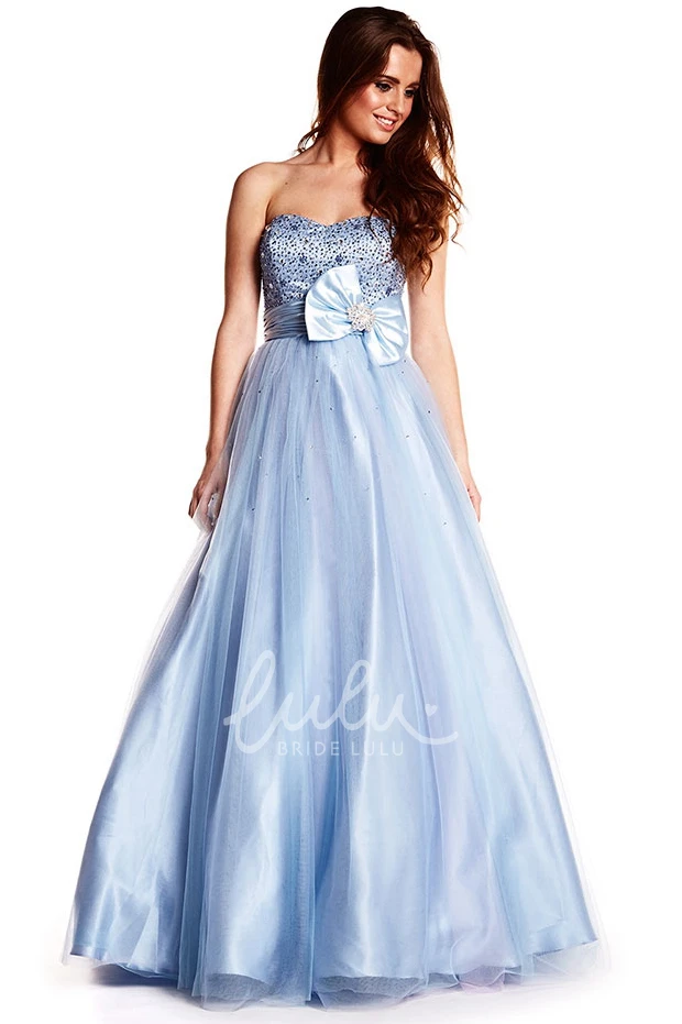Long A-Line Tulle and Satin Prom Dress with Beaded Bodice and Strapless Design