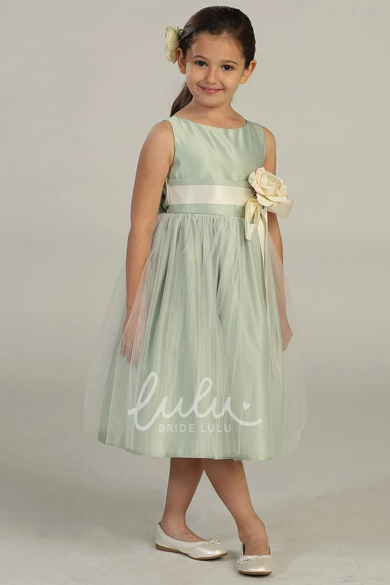 Tiered Tulle and Satin Flower Girl Dress Tea-Length 