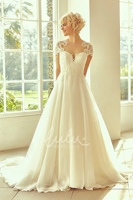 Lace Cap-Sleeve Wedding Dress with Notched Neckline Elegant Bridal Gown