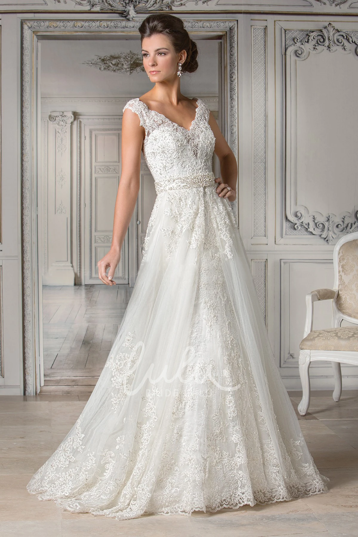 A-Line Gown with Appliques and Illusion Back Cap-Sleeved V-Neck Bridal Dress