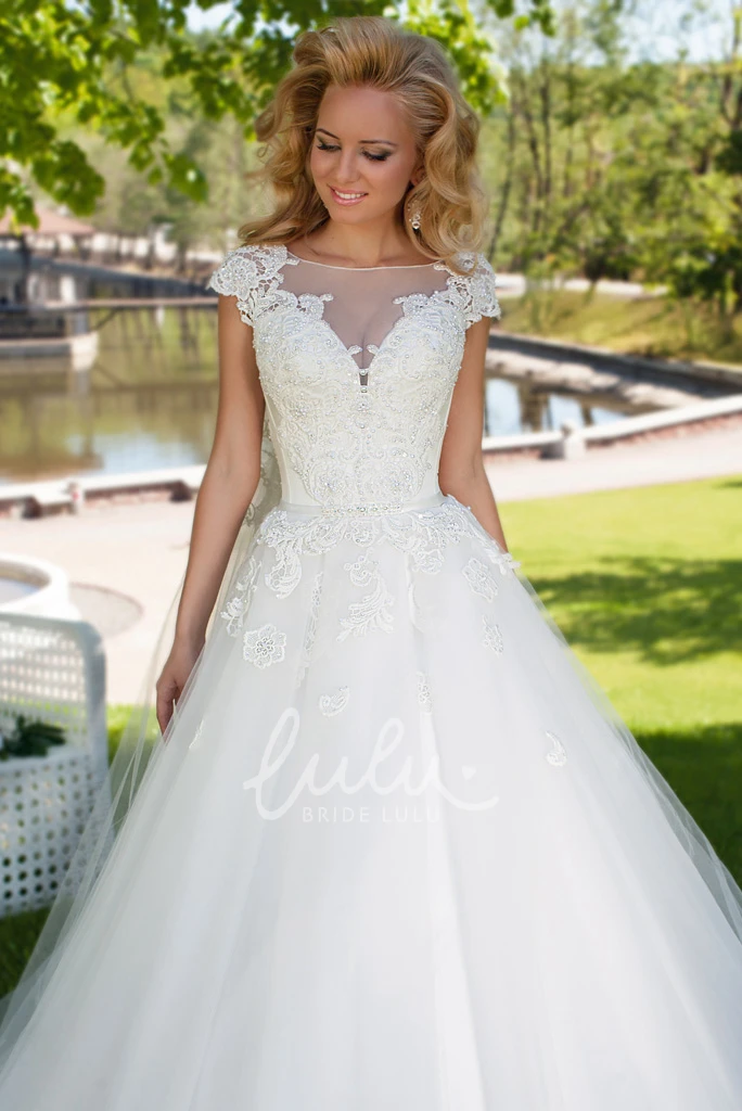 Appliqued Tulle Wedding Dress Ball Gown Cap Sleeve Bateau Neck