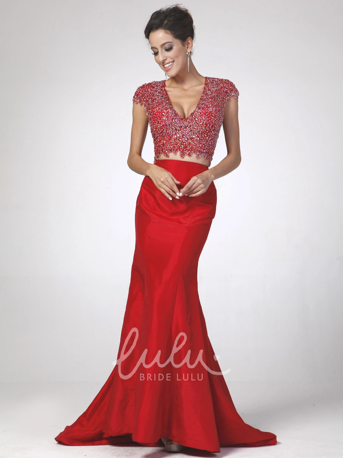 V-Neck Cap-Sleeve Satin Bridesmaid Dress With Beading Trumpet