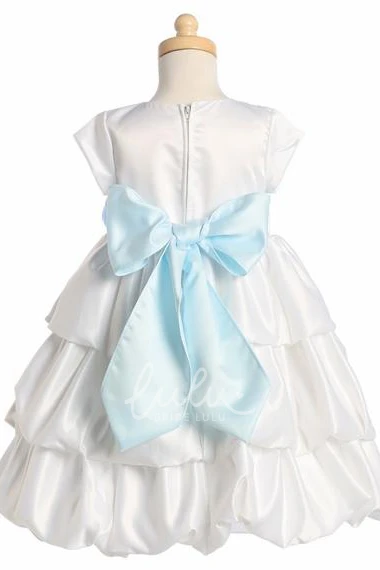 Satin Tiered Cap-Sleeve Flower Girl Dress Tea-Length