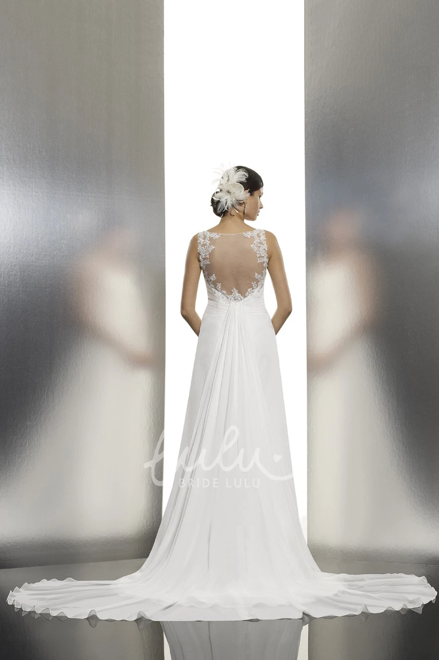 Ruched Chiffon Wedding Dress with Court Train and Illusion V-Neckline and Long Length