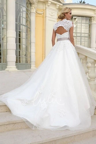 Maxi Tulle A-Line Wedding Dress with Cap Sleeves Waist Jewelry and Keyhole Back
