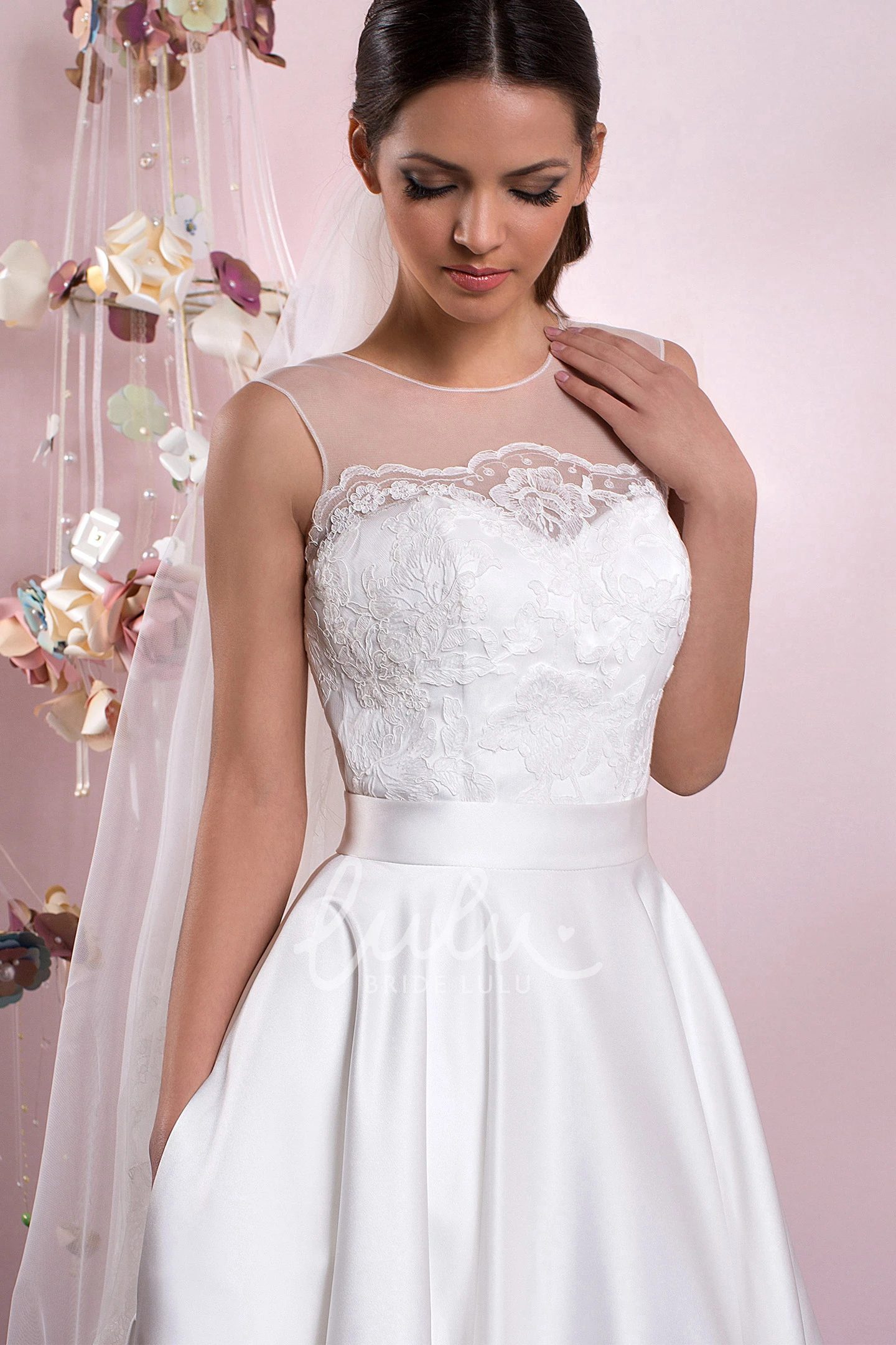 Lace Scoop Satin Wedding Dress with Illusion Back A-Line Floor-Length Style