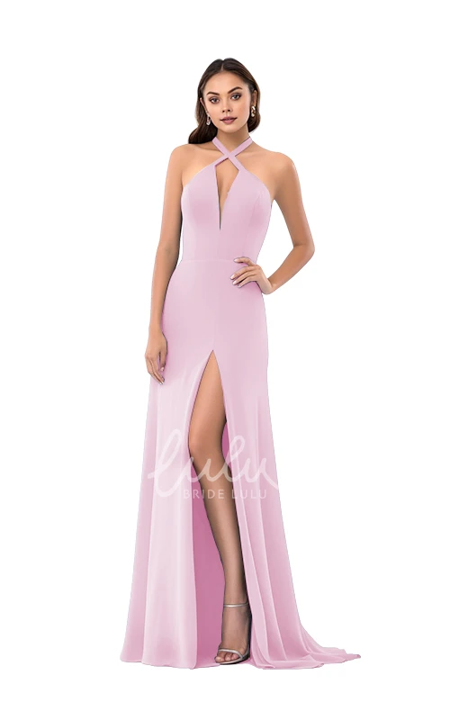 Modern Plunging Neck Satin Bridesmaid Dress Sheath Split Front Classy