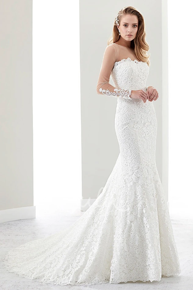 Sheath Mermaid Lace Wedding Dress with Brush-Train and Keyhole Back in Strapless Design