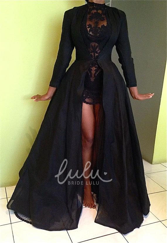 Sexy Black Boho Lace A-Line High Neck Detachable Long Sleeve Evening Dress
