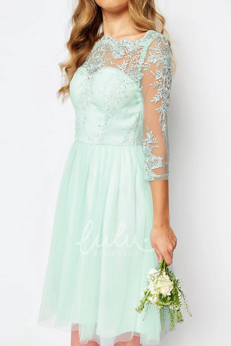 Appliqued Tulle Bridesmaid Dress Knee-Length Bateau Neck 3-4 Sleeve