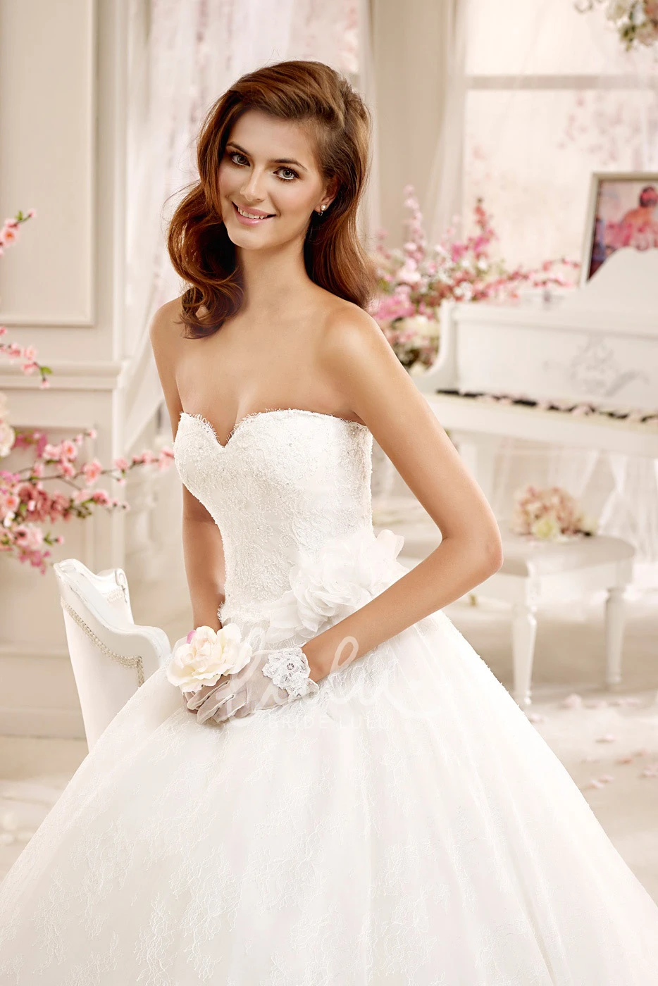 Notched-neck A-line Wedding Dress with Flowers and Court Train Classic & Timeless Wedding Dress
