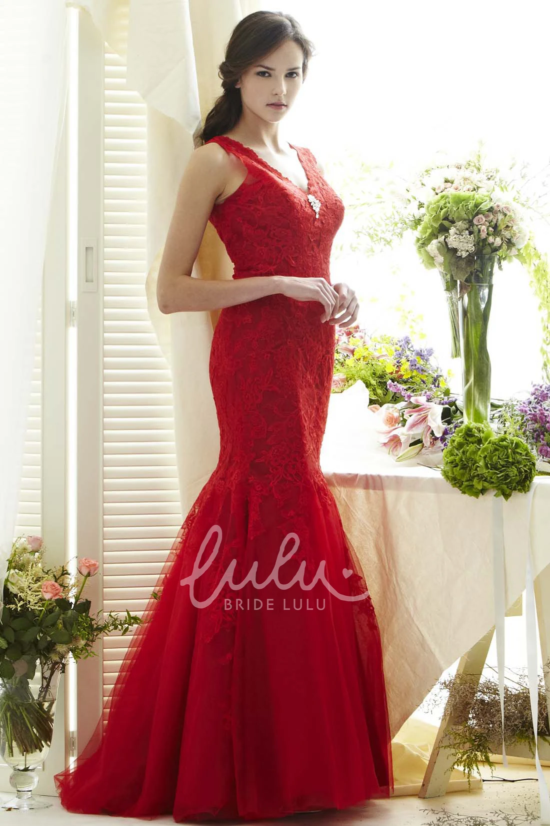 Mermaid V-Neck Lace Prom Dress with Broach and Low-V Back Unique Formal Dress