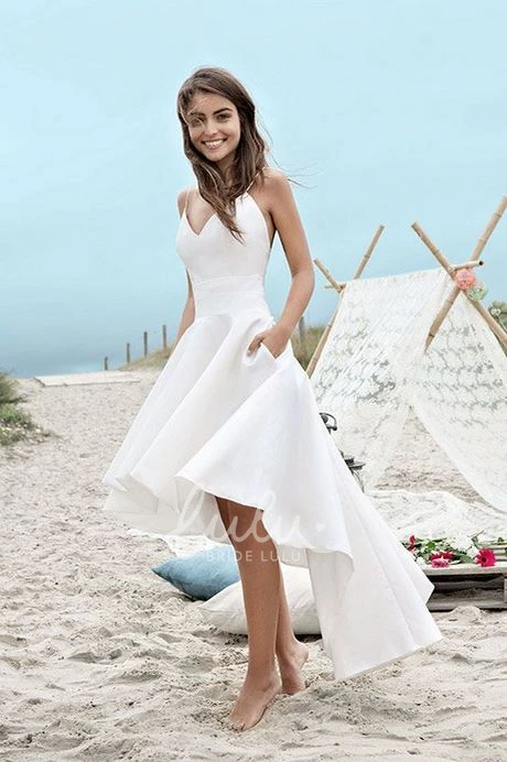 Simple High-Low Beach Wedding Dress with Spaghetti Straps and Ruching