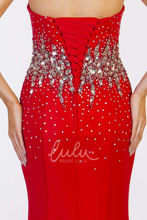 Long Crystal Sheath Sleeveless Sweetheart Prom Dress with Corset Back Modern Jersey Gown