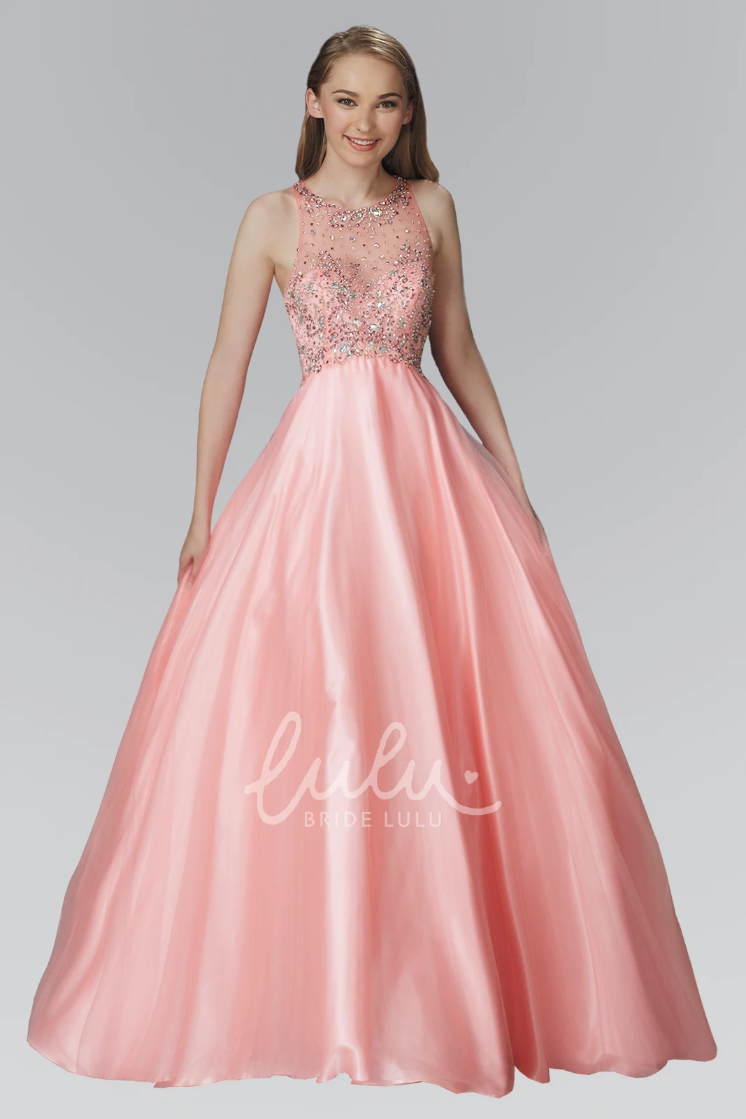 Satin Illusion Ball Gown Sleeveless Formal Dress with Beading