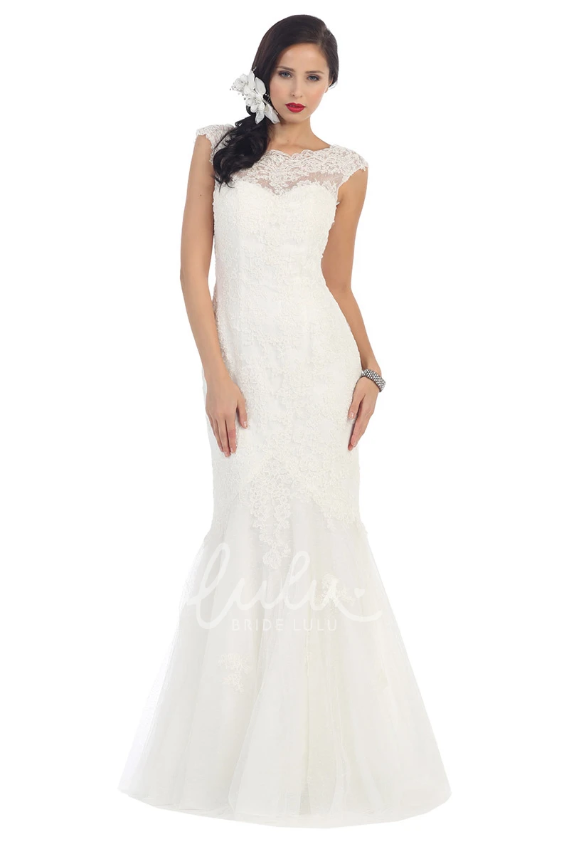 Bateau Cap-Sleeve Lace Applique Maxi Formal Dress