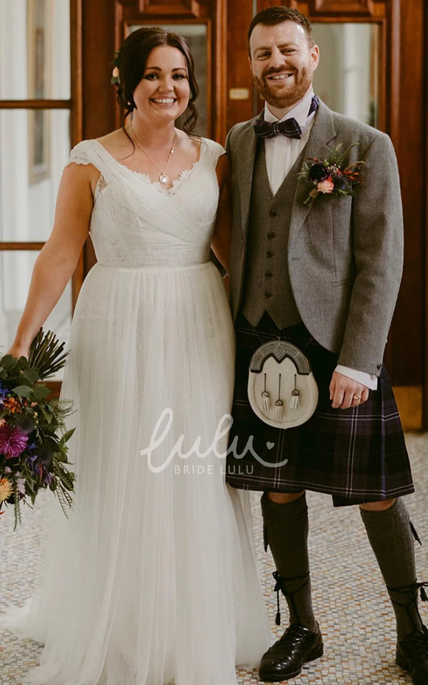 A-Line Lace Court Wedding Dress with V-Neck and Sweep Train Romantic