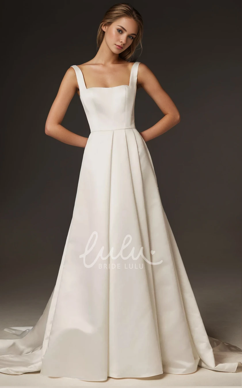 Vintage Elegant A-Line Satin Wedding Dress Simple Square Neck Sleeveless Pleats Backless Bridal Gown with Train