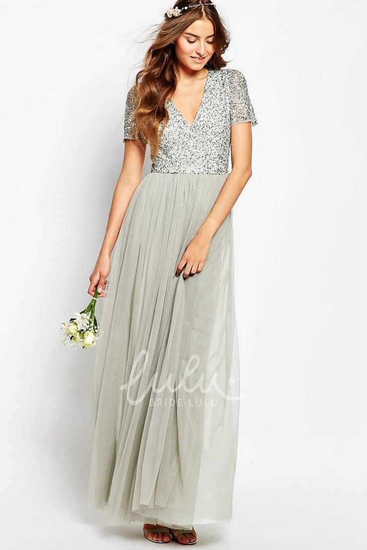 Chiffon A-Line V-Neck Floor-Length Beaded Short-Sleeve Pleated Bridesmaid Dress