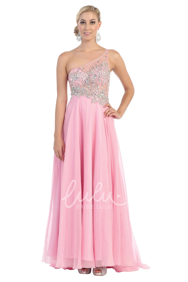 Illusion Tulle Prom Dress with Beading and Pleats A-Line Sleeveless One-Shoulder