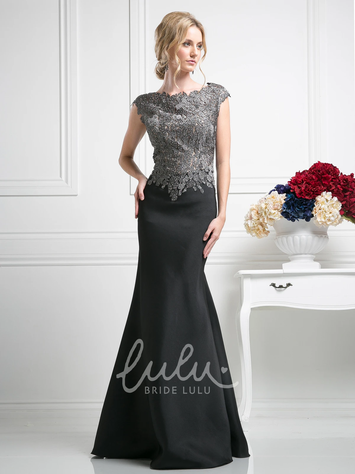 Sequin Beaded Mermaid Satin Formal Dress with Cap Sleeves