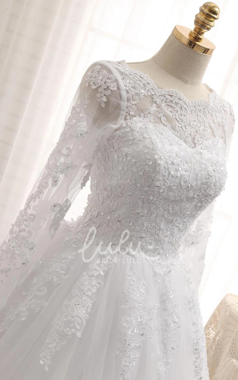 Jewel Long Sleeve Lace Appliques Tulle Dress Modern A-Line Bridal Gown