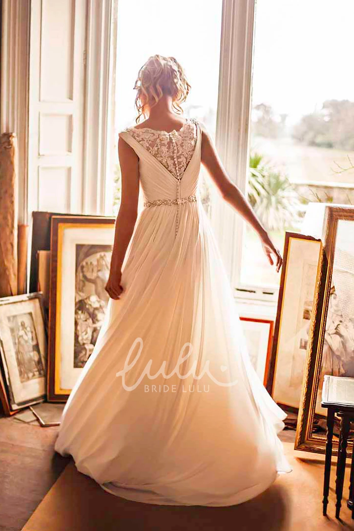Chiffon V-Neck Wedding Dress with Ruched Detail and Court Train