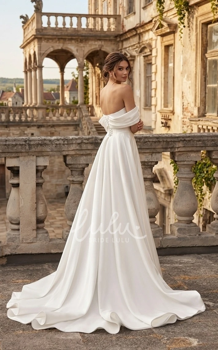Sexy A-Line Beach Garden Off-the-Shoulder Satin Spring Wedding Dress Modern Solid Ruched Split Front Bridal Gown with Sweep Train