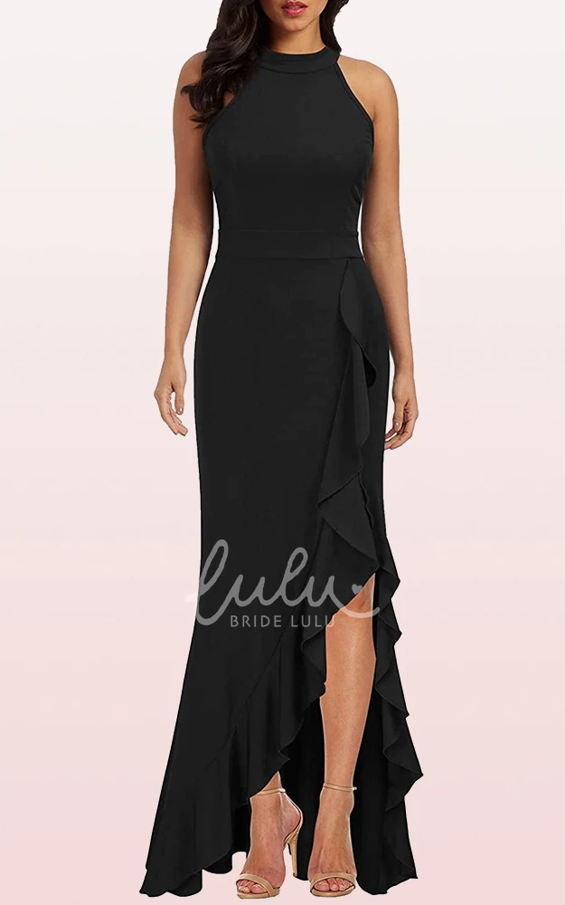 Halter Sheath Sleeveless Formal Guest Dress with Ruffles Elegant Split Front Jersey