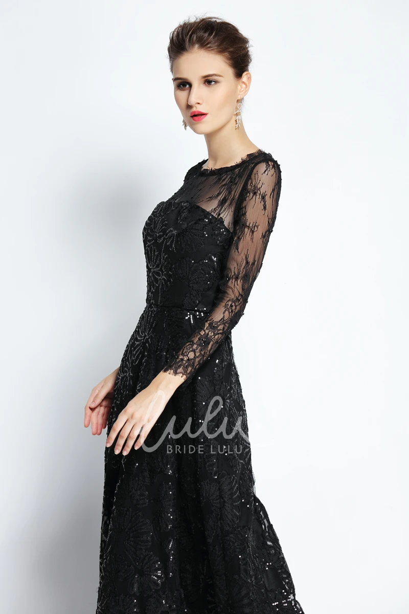 Bateau Scalloped Lace A-Line Prom Dress with Sequins Long Sleeve