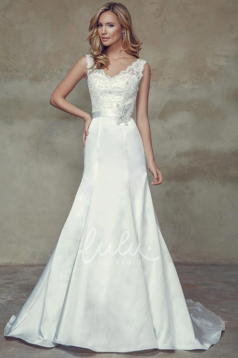 Satin Wedding Dress with Appliqued V-Neck and Beaded Deep-V Back Sleeveless Sheath