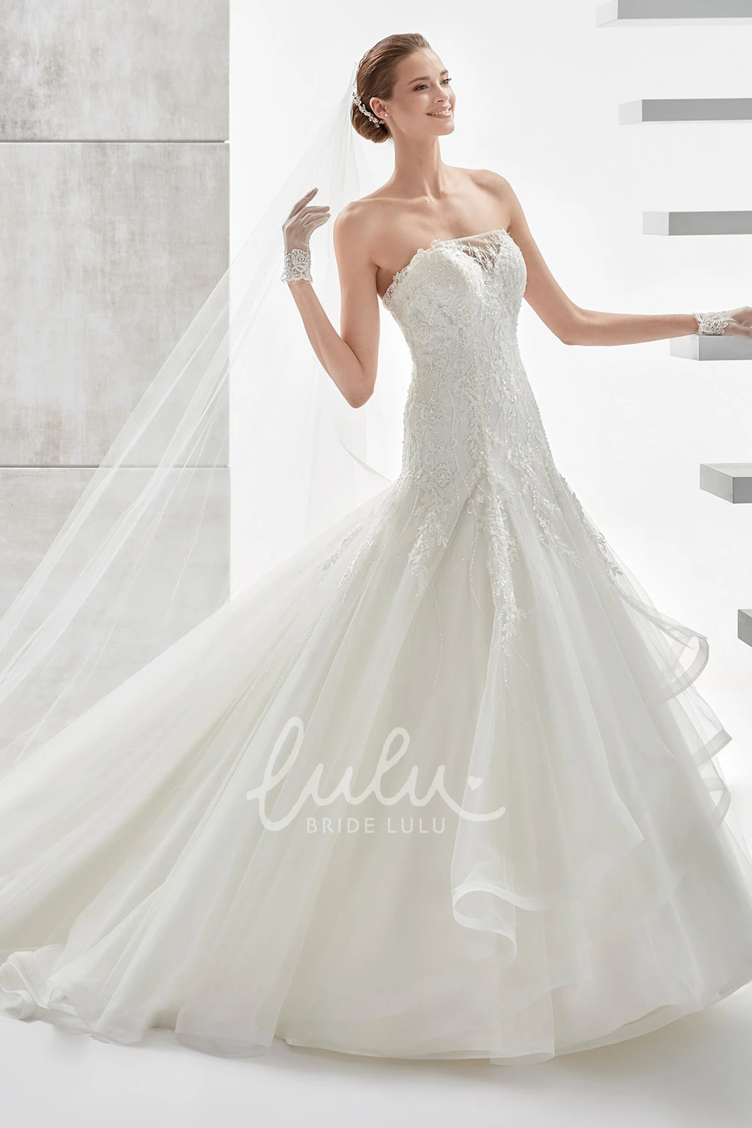 Lace Bodice A-line Wedding Dress with Asymmetrical Ruffles Elegant Wedding Dress