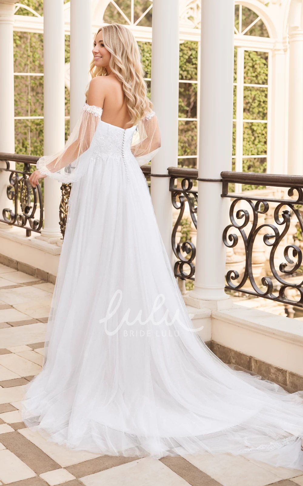 Ethereal Floral A-Line Bohemian Lace off the Shoulder Wedding Dress Romantic Chic Beach Garden Notch V-Neck Puff Sleeve Button Back Floor Length Bridal Gown