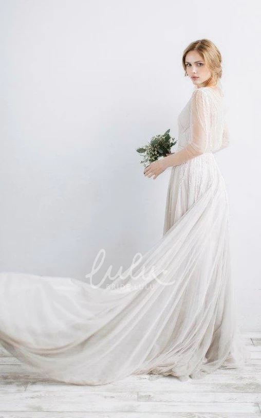 Beaded Illusion V-Neck Tulle Winter Wedding Dress