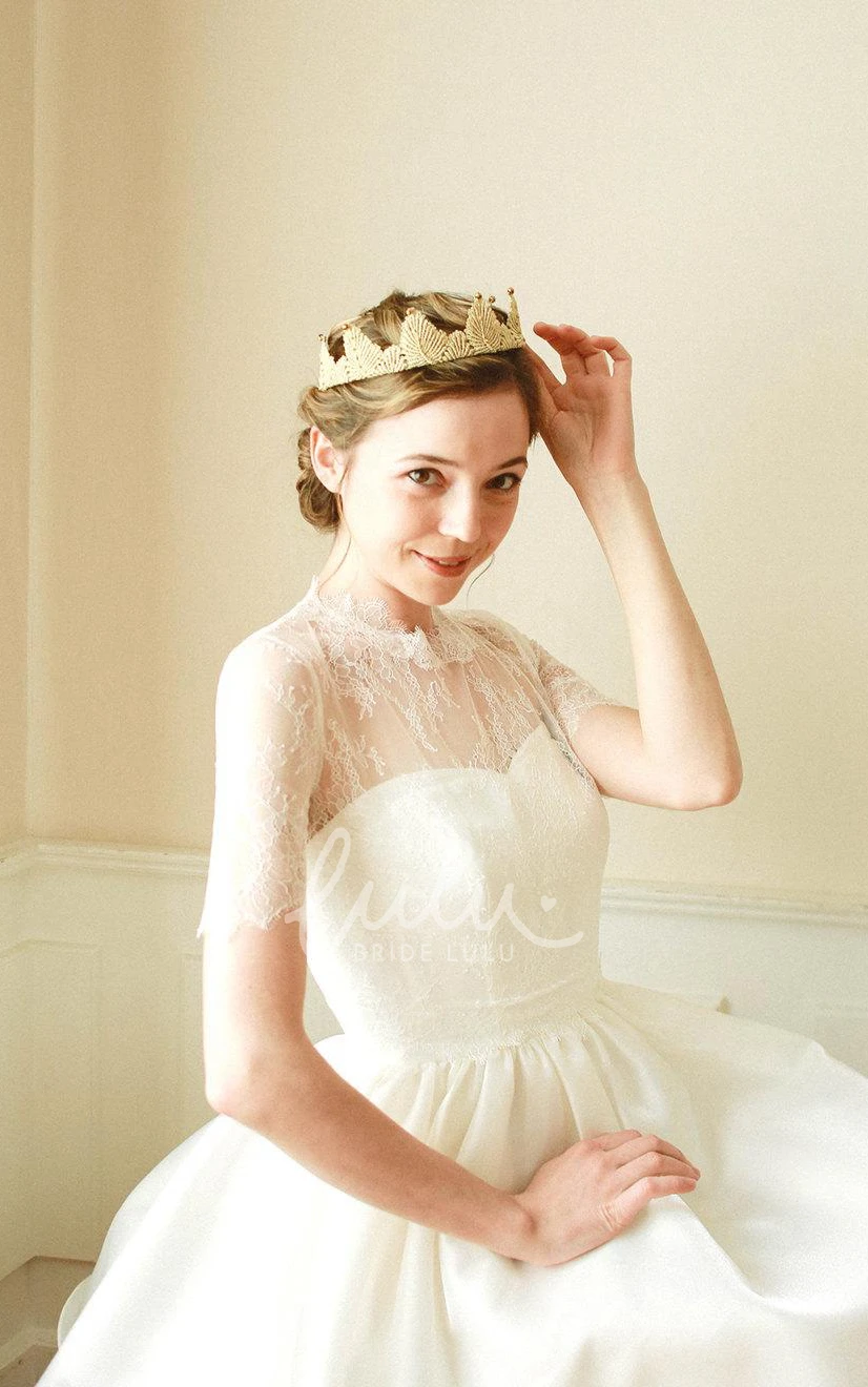 Floral Beach Garden Short A-Line Bohemian Lace Wedding Dress Illusion High Neck Button Back Midi Gown for Reception